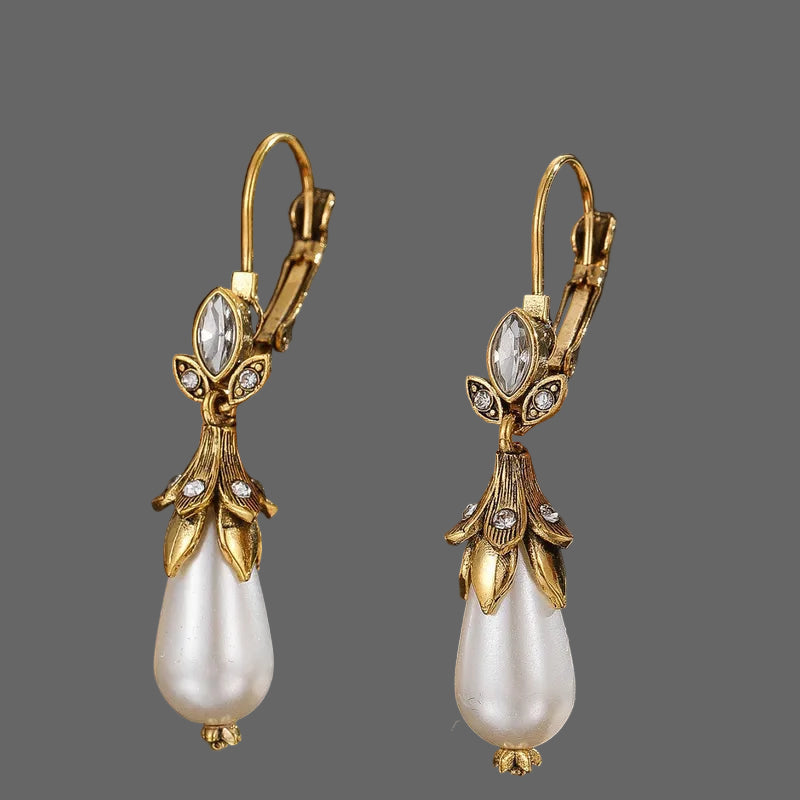 Antique Gold Style Pearl Drop Earrings