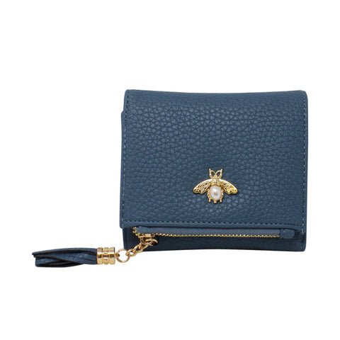Tri-Fold Small Purse with Bee Decoration Blue