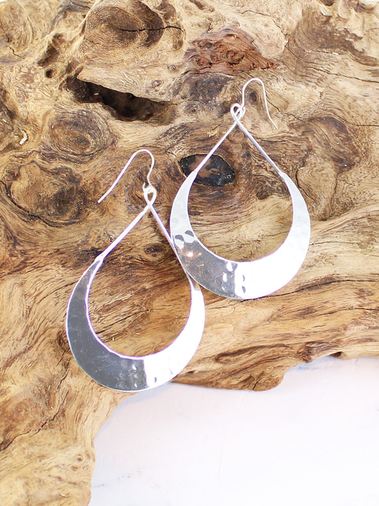 Silver Beaten Hoop Drop Earrings