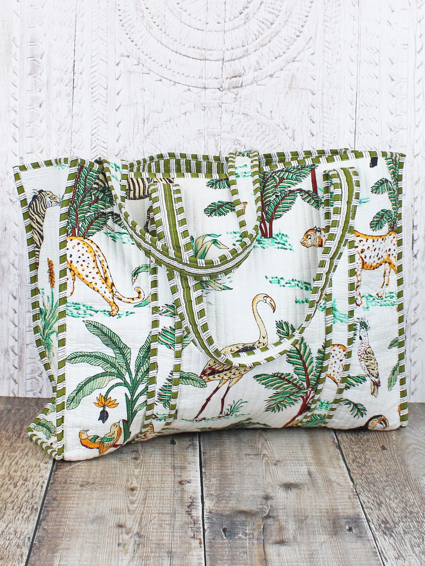 White & Green Quilted Cotton Tote Bag