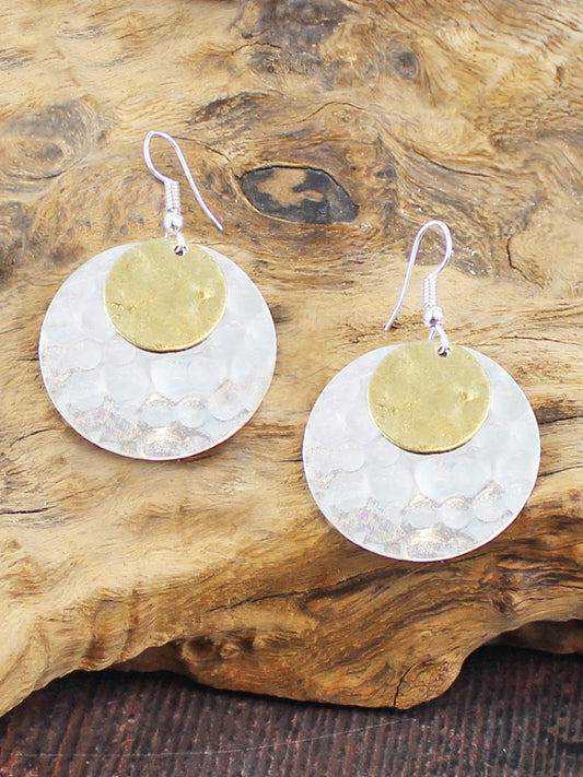 Layered Beaten Disc Drop Earrings