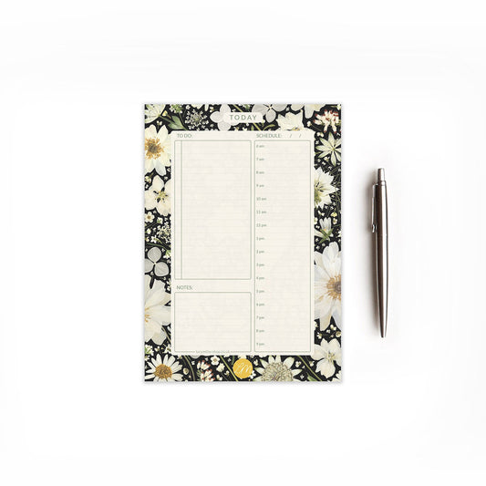 A5 Floral Daily Planner Pad, White On Black