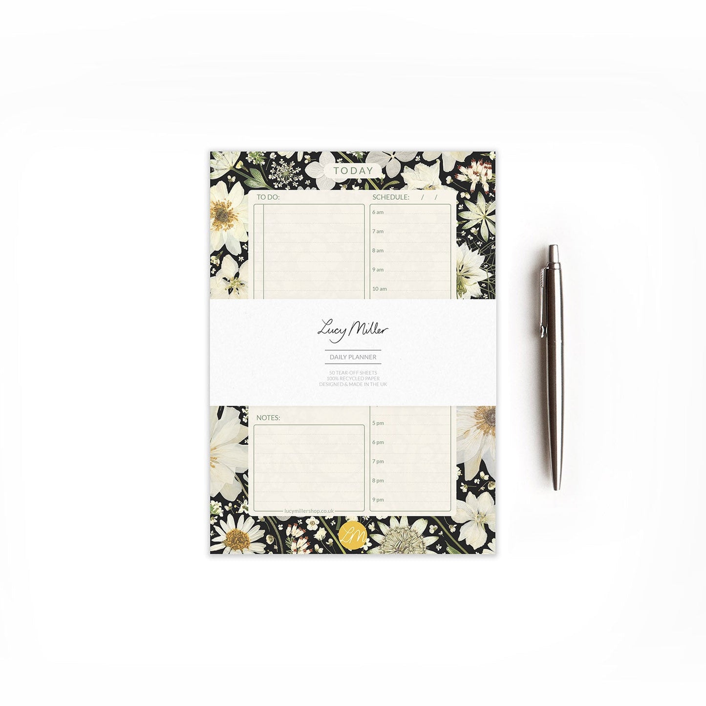 A5 Floral Daily Planner Pad, White On Black