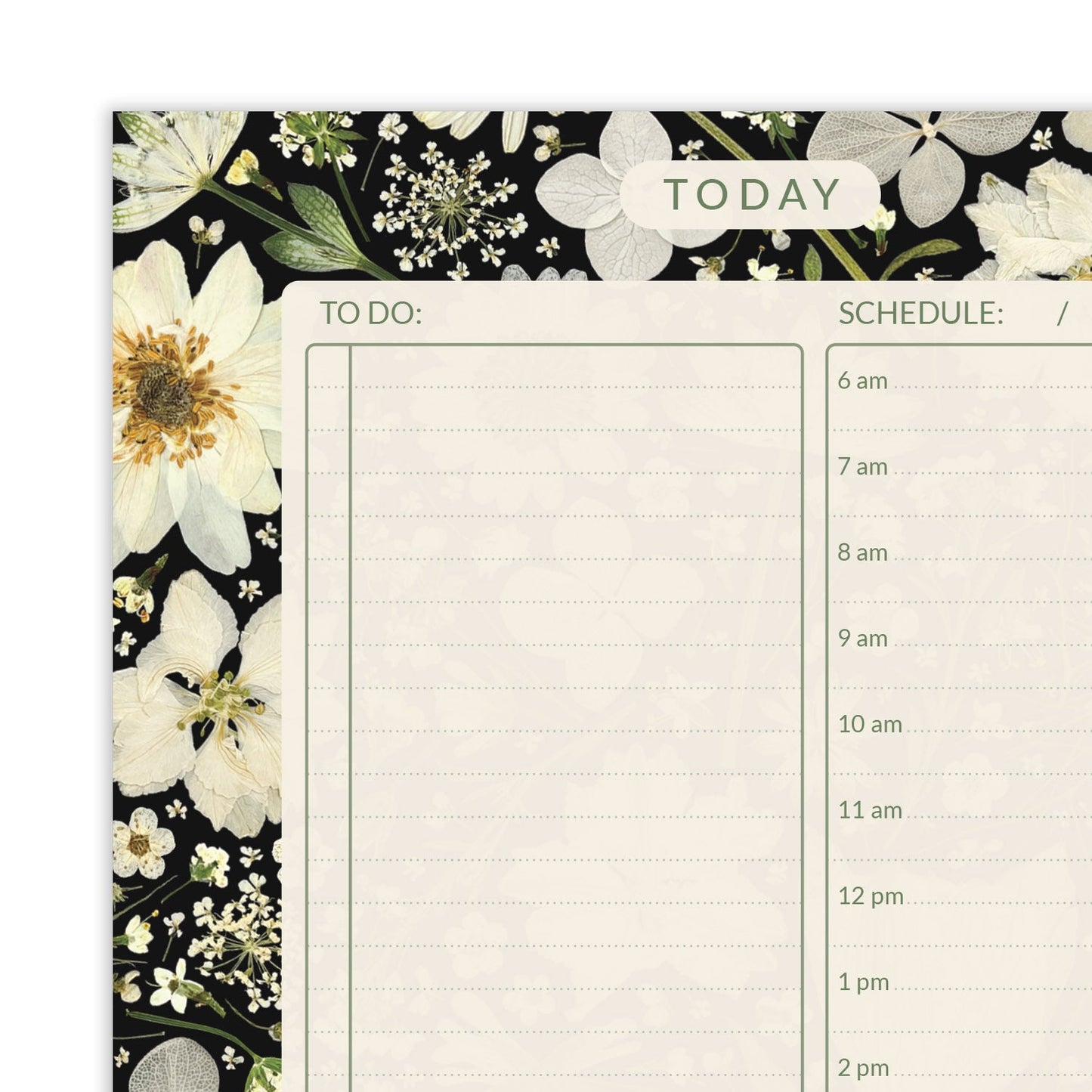 A5 Floral Daily Planner Pad, White On Black