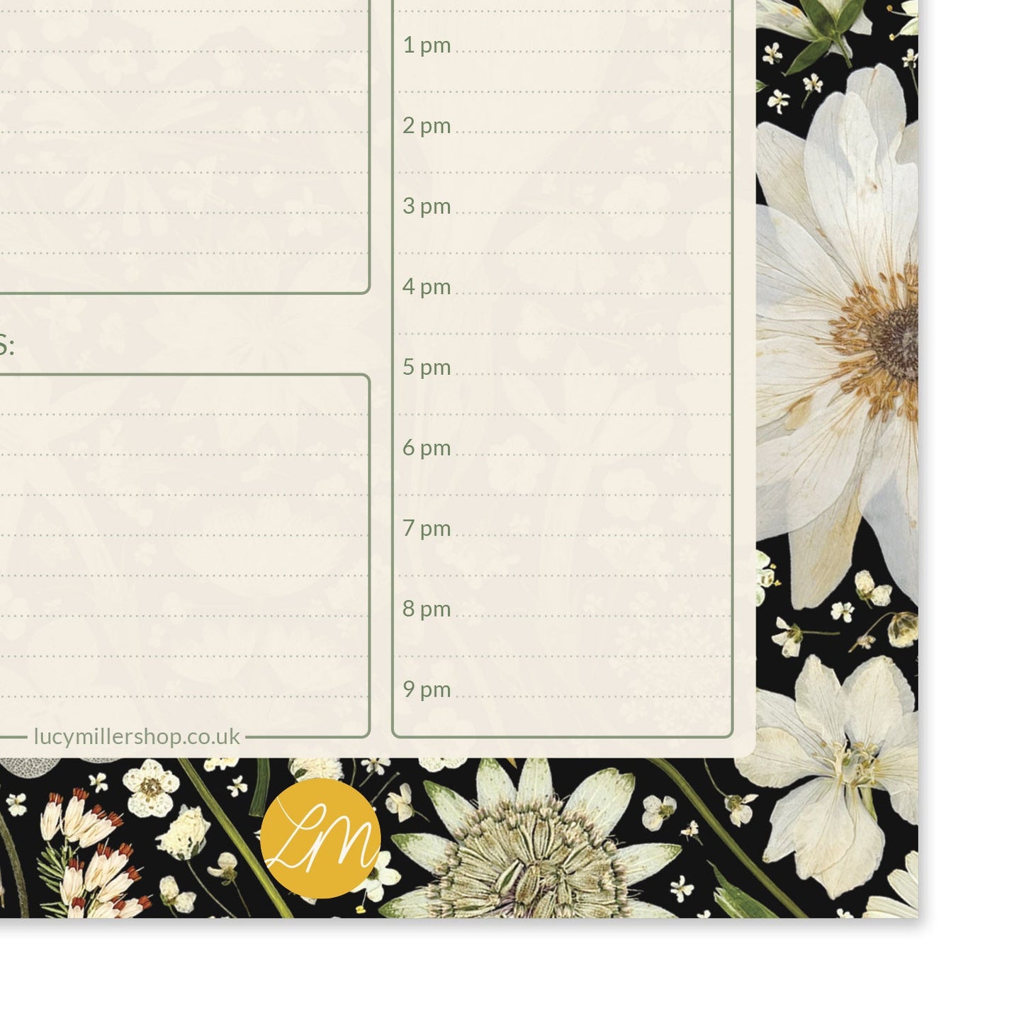 A5 Floral Daily Planner Pad, White On Black