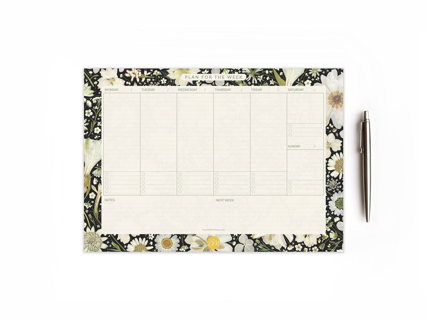 A4 Floral Weekly Planner Pad, White on Black