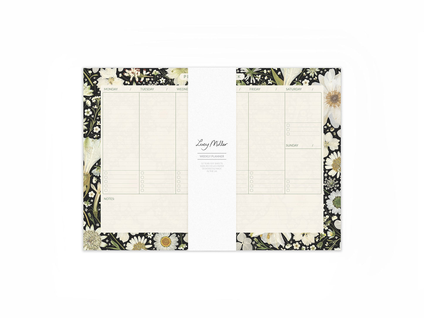 A4 Floral Weekly Planner Pad, White on Black