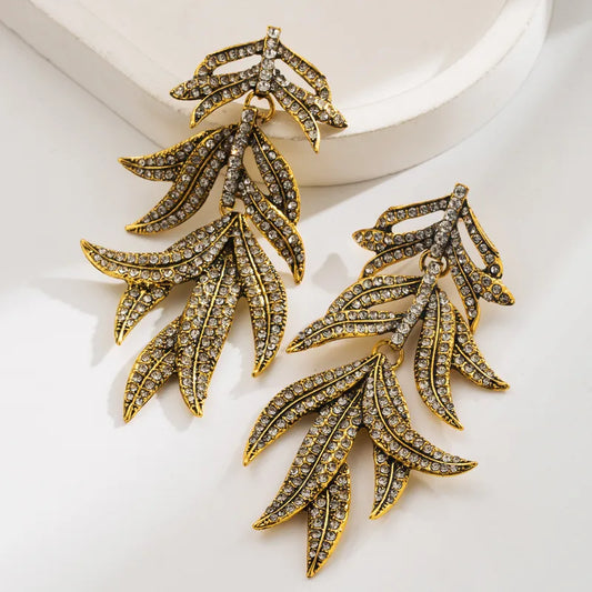 Antique Gold Crystal Leafy Statement Earrings