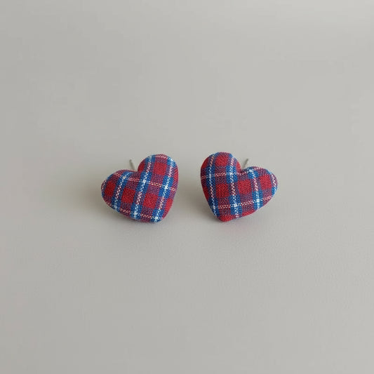 Tartan Fabric Heart Stud Earrings