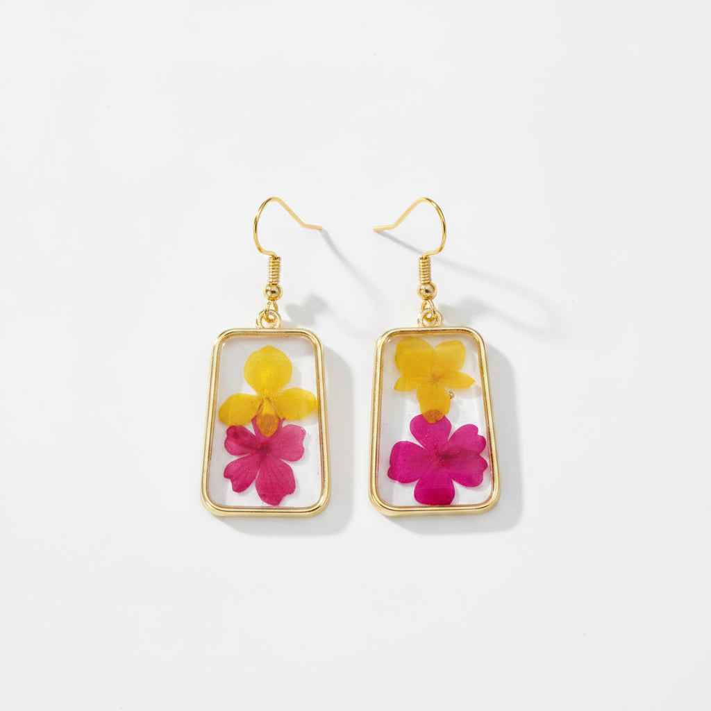 Hot Pink & Yellow Flowers In Resin Drop Earrings