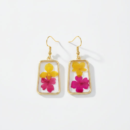 Hot Pink & Yellow Flowers In Resin Drop Earrings