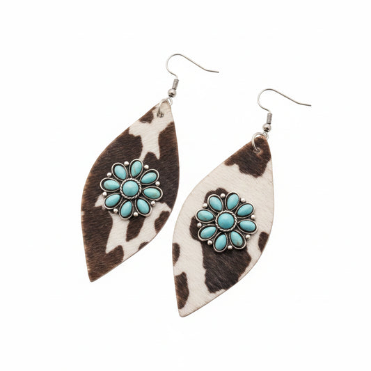 Boho Faux Leather Cow Drop earrings With Turquoise Flower