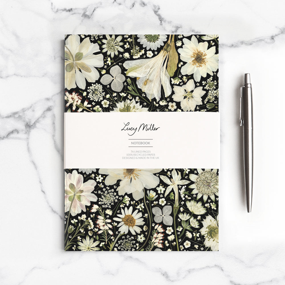 Lucy Miller - A5 White Pressed Florals Notebook, on Black