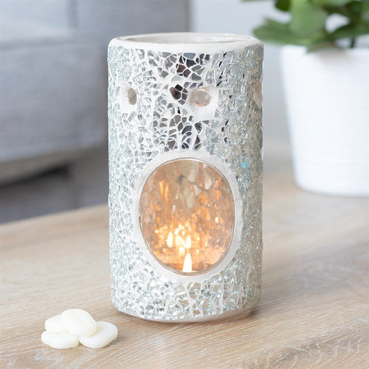 Silver Pillar Crackle Glass Oil Burner & Wax Warmer 14.5cm