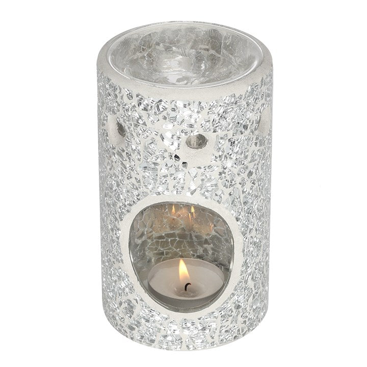 Silver Pillar Crackle Glass Oil Burner & Wax Warmer 14.5cm