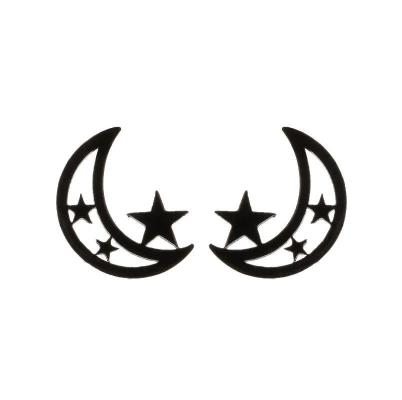 Black Stud Earrings - Moon & Stars