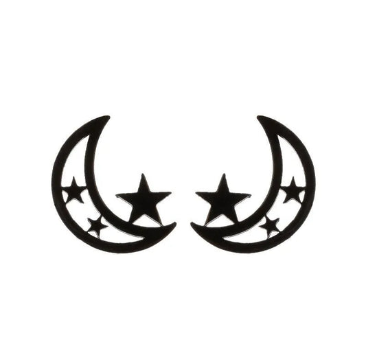 Black Stud Earrings - Moon & Stars