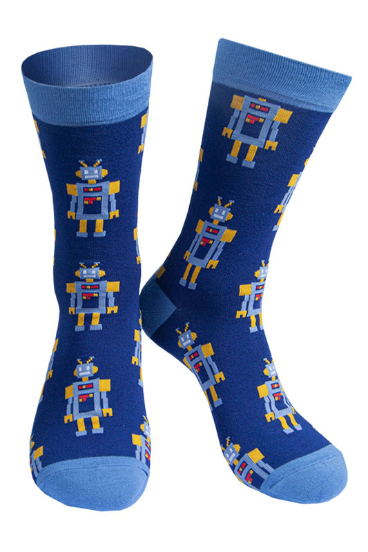 Men's Bamboo Socks Robot Novelty Dress Socks Navy Blue