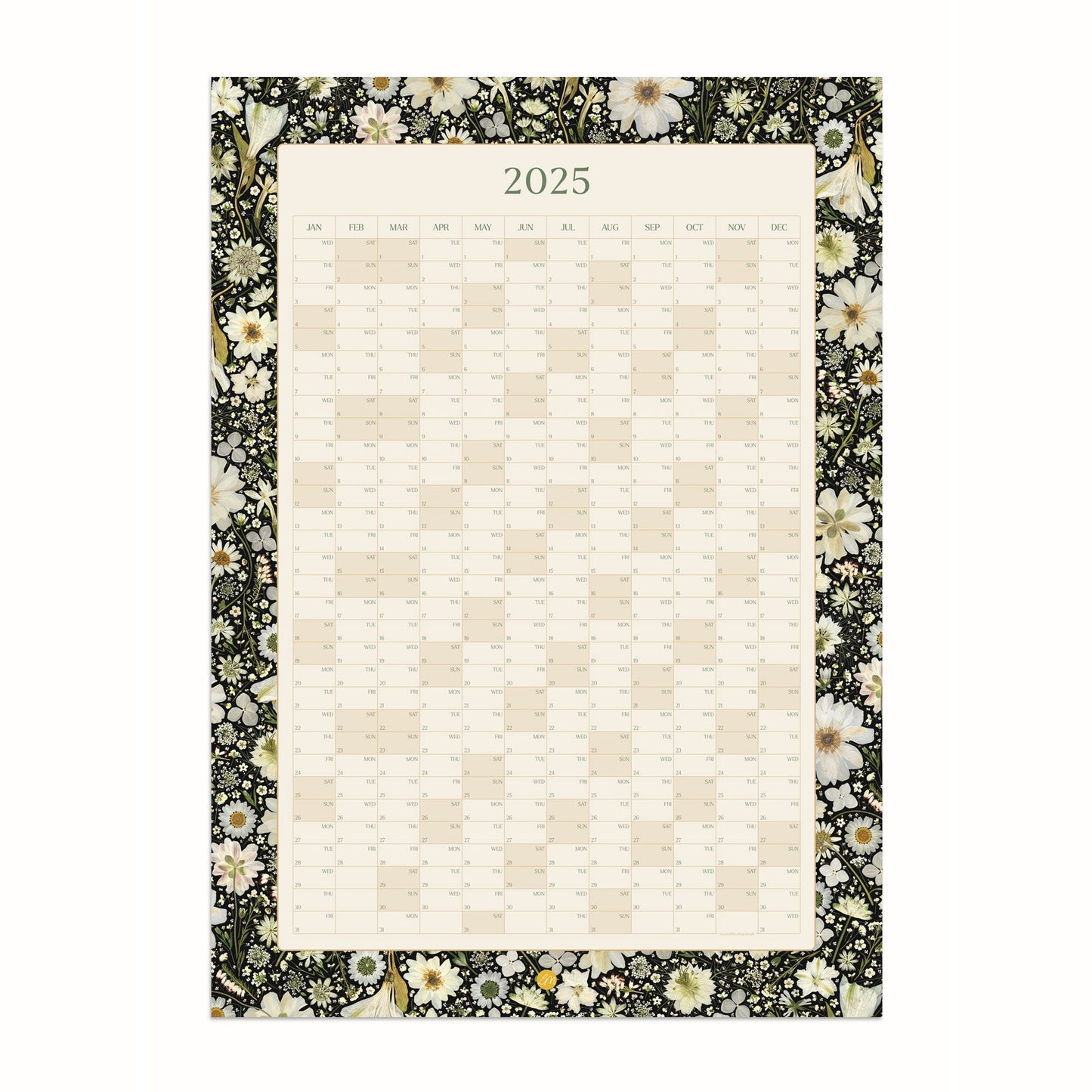 2025 Year Wall Planner, White on Black