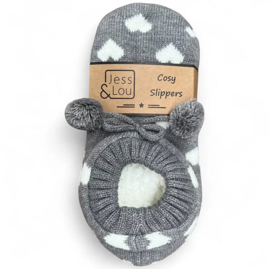 Grey & White Heart Cosy Slippers