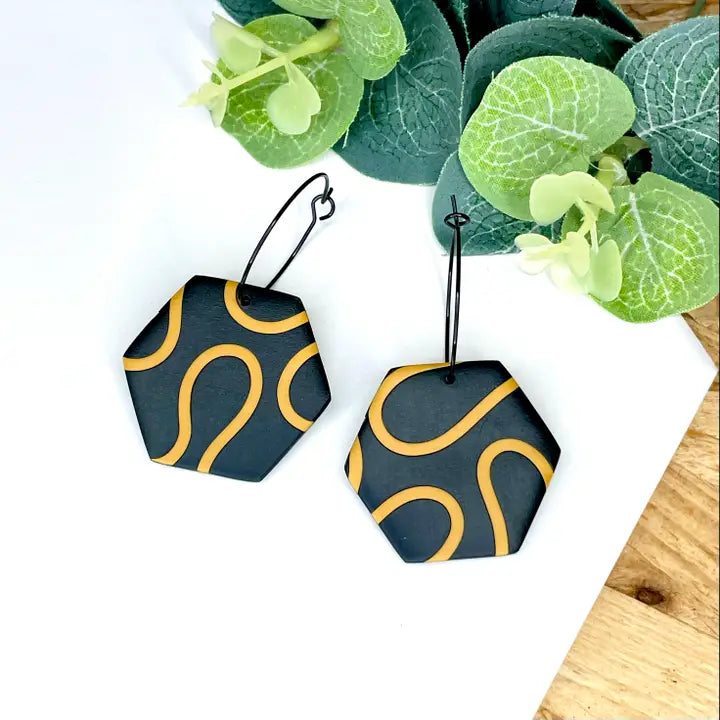 Black W. Mustard Squiggle Hexagon Hoop Earrings