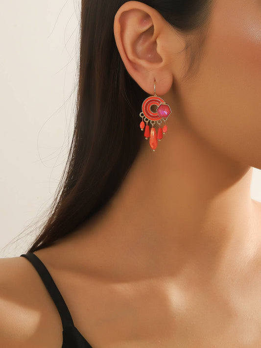Red & Orange Bead & Enamel Drop Earrings