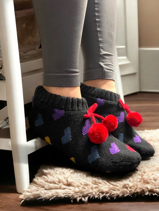 Multi-Coloured Hearts Black Cosy Slippers