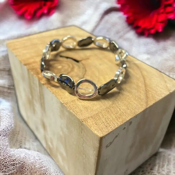 Silver Hoops & Pewter Pebble Stretchy Bracelet