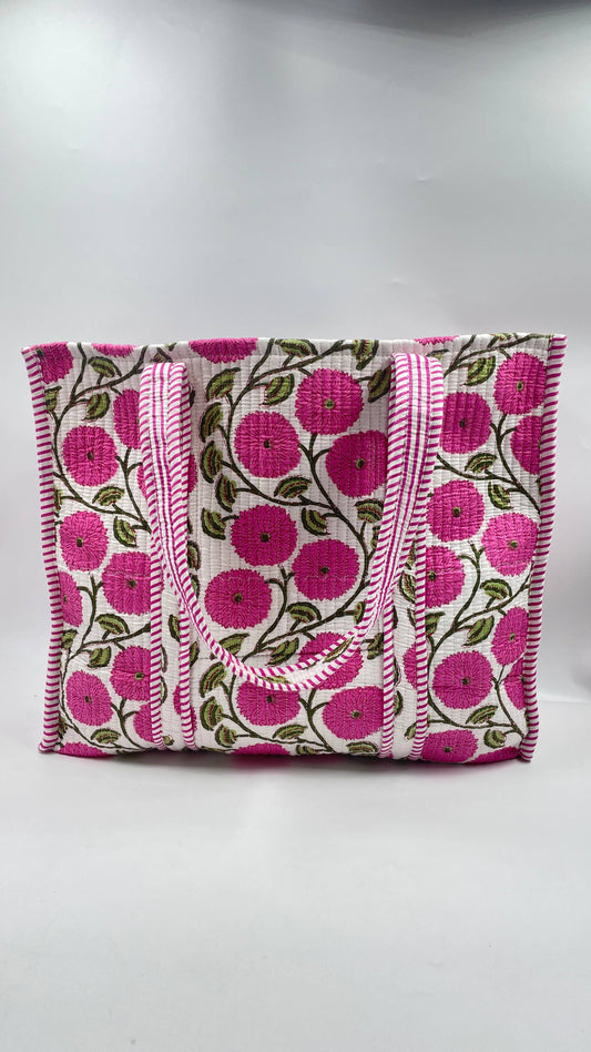 100% Cotton Kantha Quilted Boho Floral Reversible Tote Bag