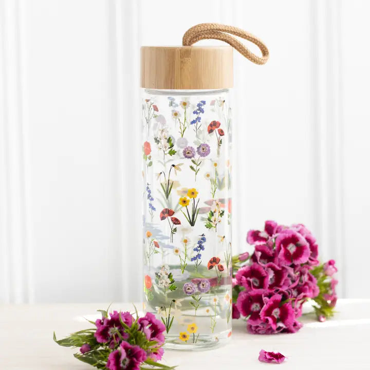 Wildflower Floral Glass and Bamboo Water Bottle