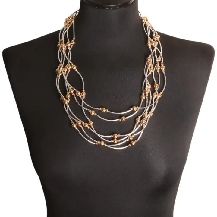 Layered Multi-Strand Necklace in Mixed Silver & Gold