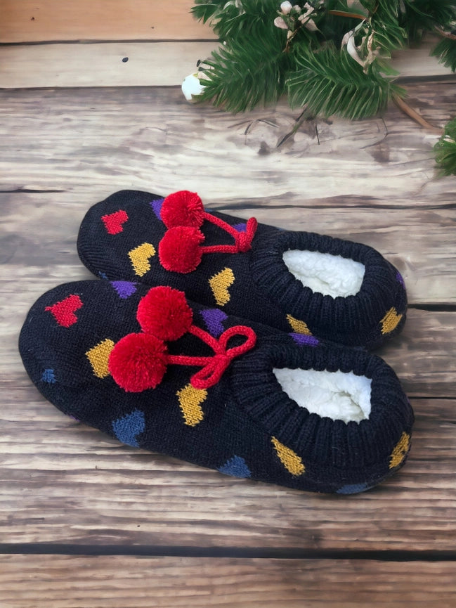 Multi-Coloured Hearts Black Cosy Slippers