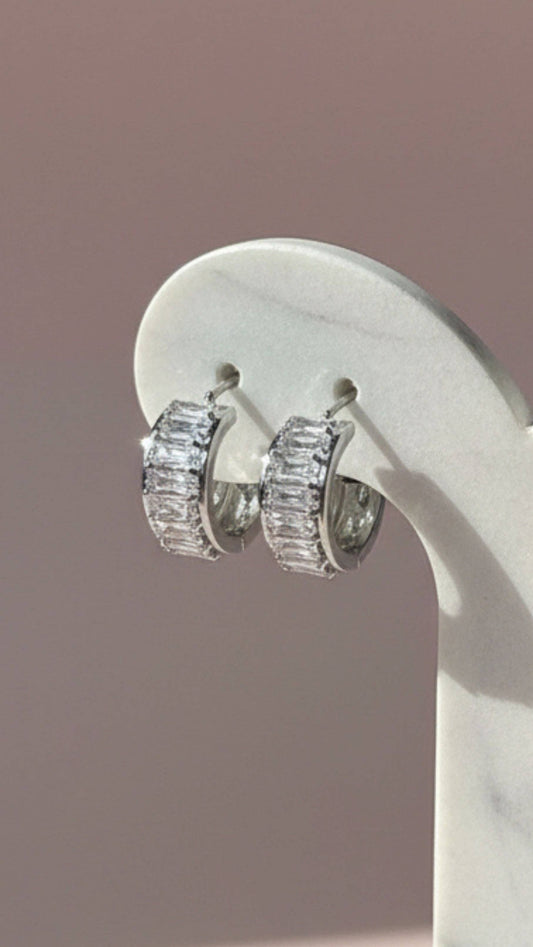 Half Crystal Huggie Stud Earrings: Silver