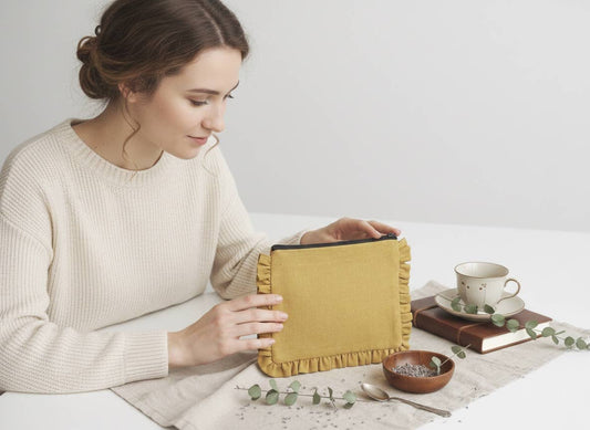 Canvas Ruffle Pouch/ Clutch/ Makeup Bag - Mustard