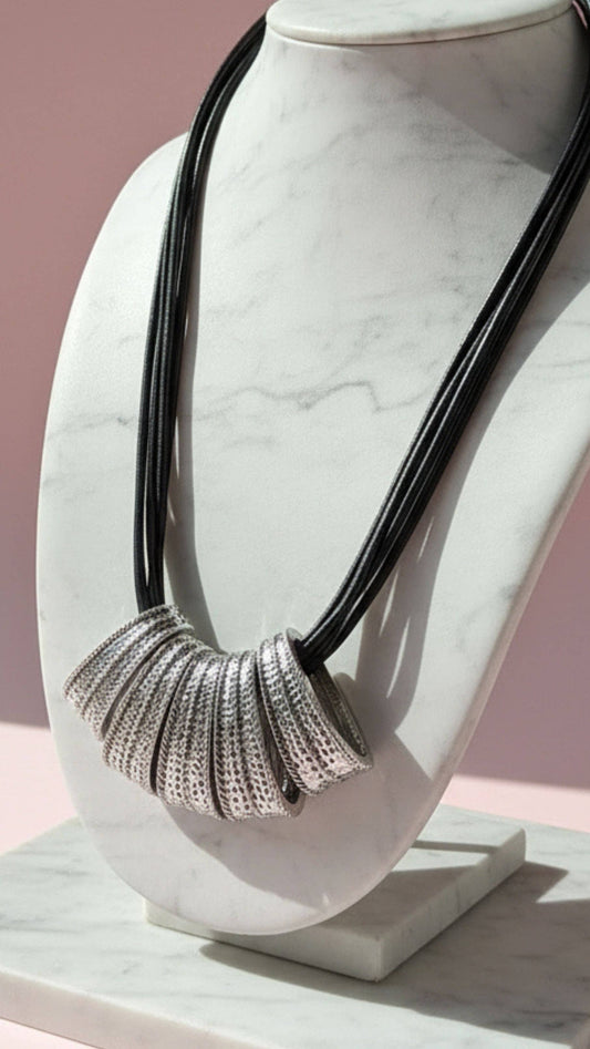 Black Leather Multi Layered Necklace: Silver