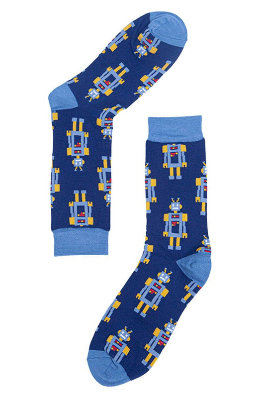 Men's Bamboo Socks Robot Novelty Dress Socks Navy Blue
