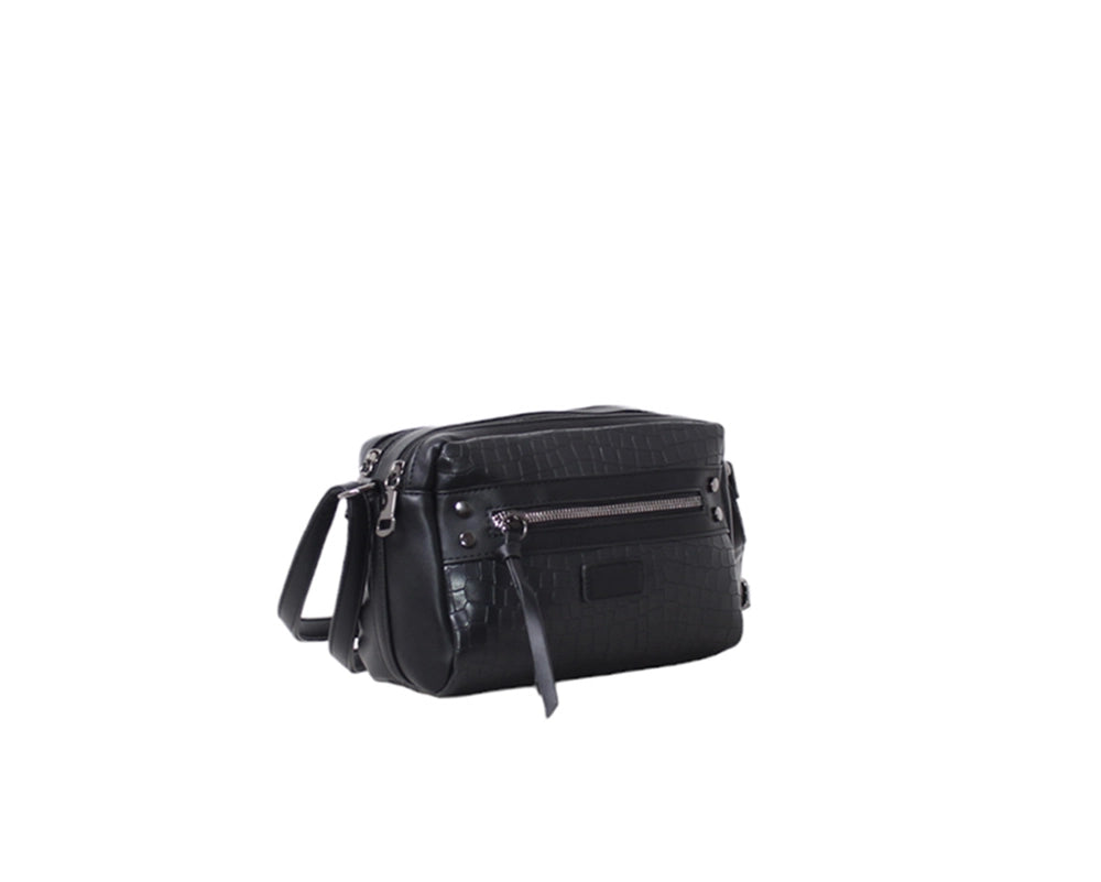 Shoulder Bag with Two Zippers - Black