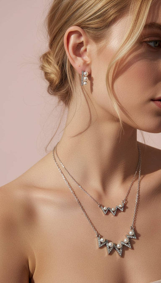 Layered Pearl Zig Zag Pendant Necklace & Earring Set: Silver