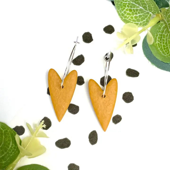 Mustard Heart Polymer Clay Hoop Earrings