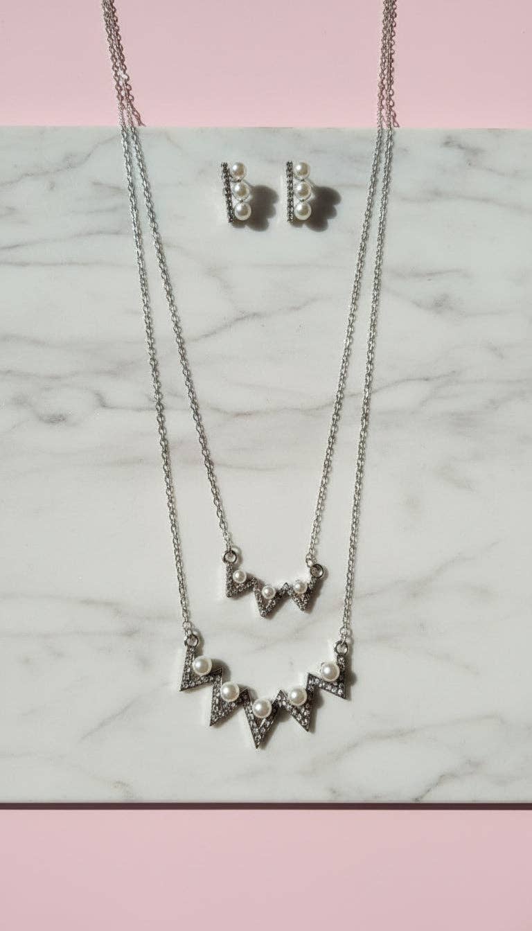 Layered Pearl Zig Zag Pendant Necklace & Earring Set: Silver