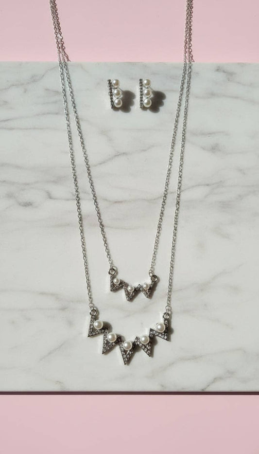 Layered Pearl Zig Zag Pendant Necklace & Earring Set: Silver