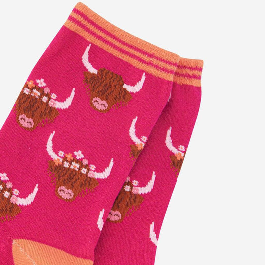 Women's Highland Cow With Floral Crown Bamboo Socks in Pink Orange