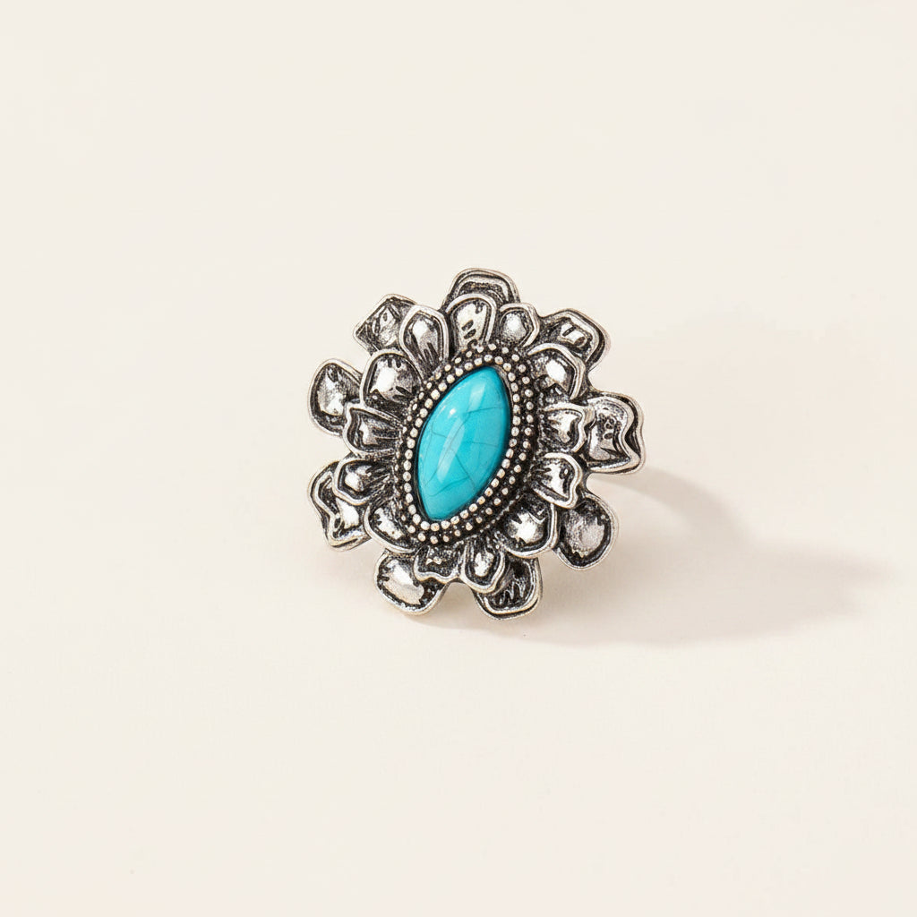 Boho Oval Flower Turquoise Pin Badge
