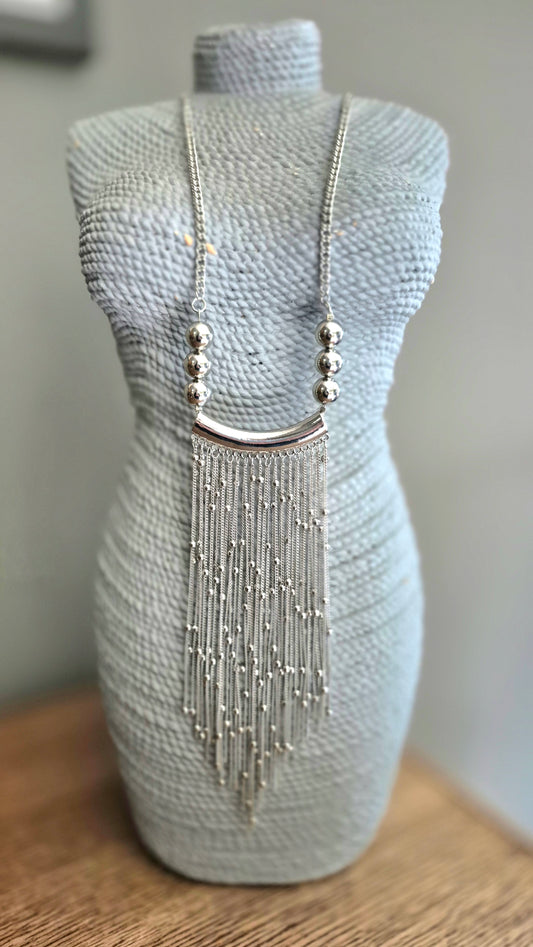 Long Silver Chain Tassel Necklace