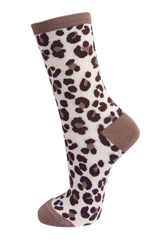 Women's Beige Leopard Print Bamboo Mix Socks